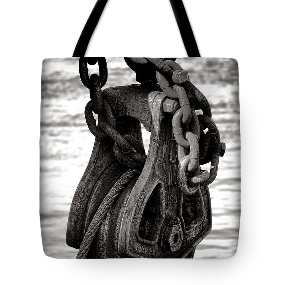 Ship Tote Bag featuring the photograph Fishing Boat Pulley by Olivier Le Queinec
