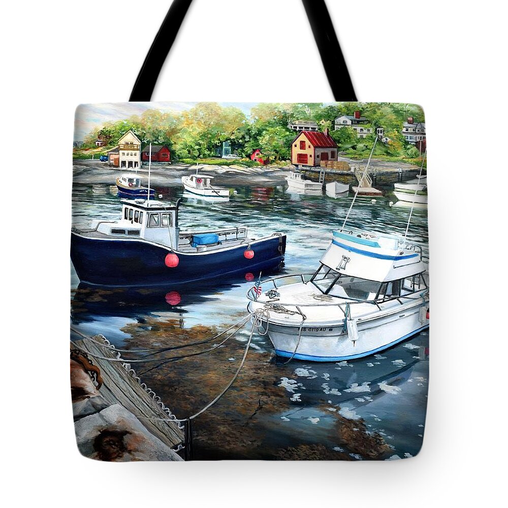 Cape Ann Tote Bag featuring the painting Fishing Boats In Lanes Cove Gloucester MA by Eileen Patten Oliver
