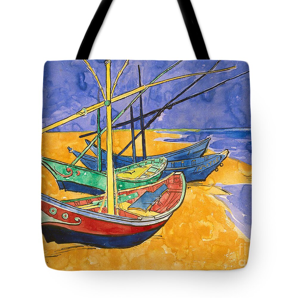 Vincent Van Gogh Tote Bag featuring the painting Fishing Boats on the Beach at Saintes Maries de la Mer by Vincent Van Gogh