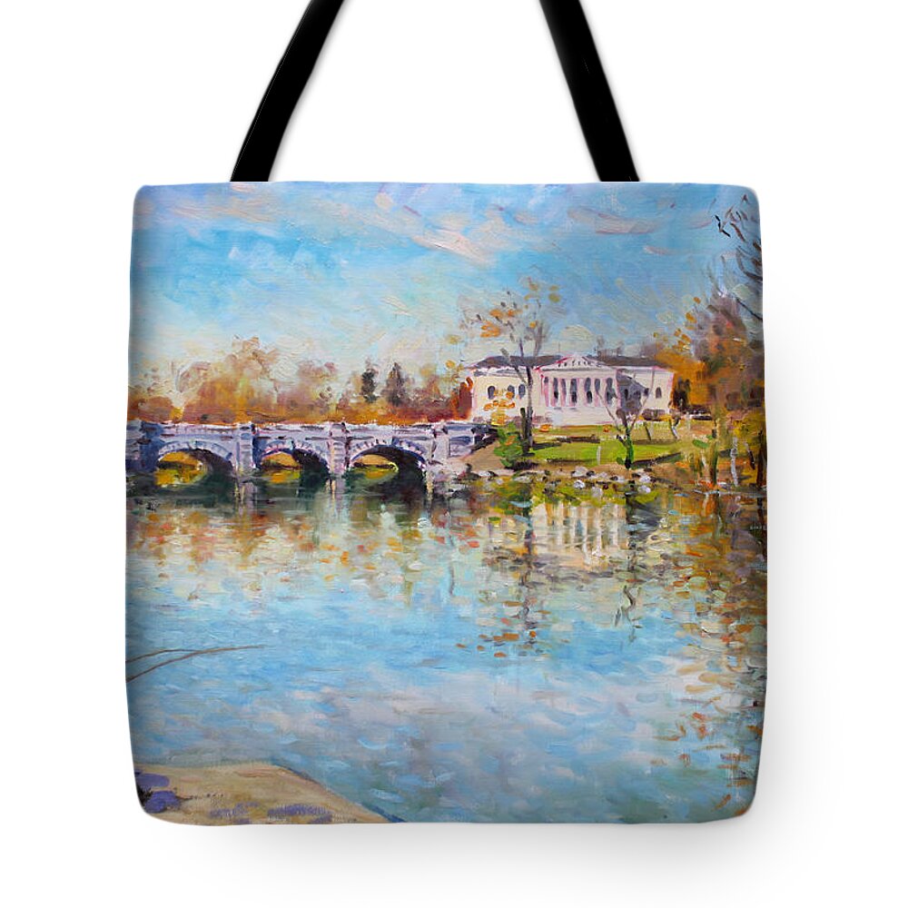 Fishing Tote Bag featuring the painting Fishing Day by Delaware Lake Buffalo by Ylli Haruni