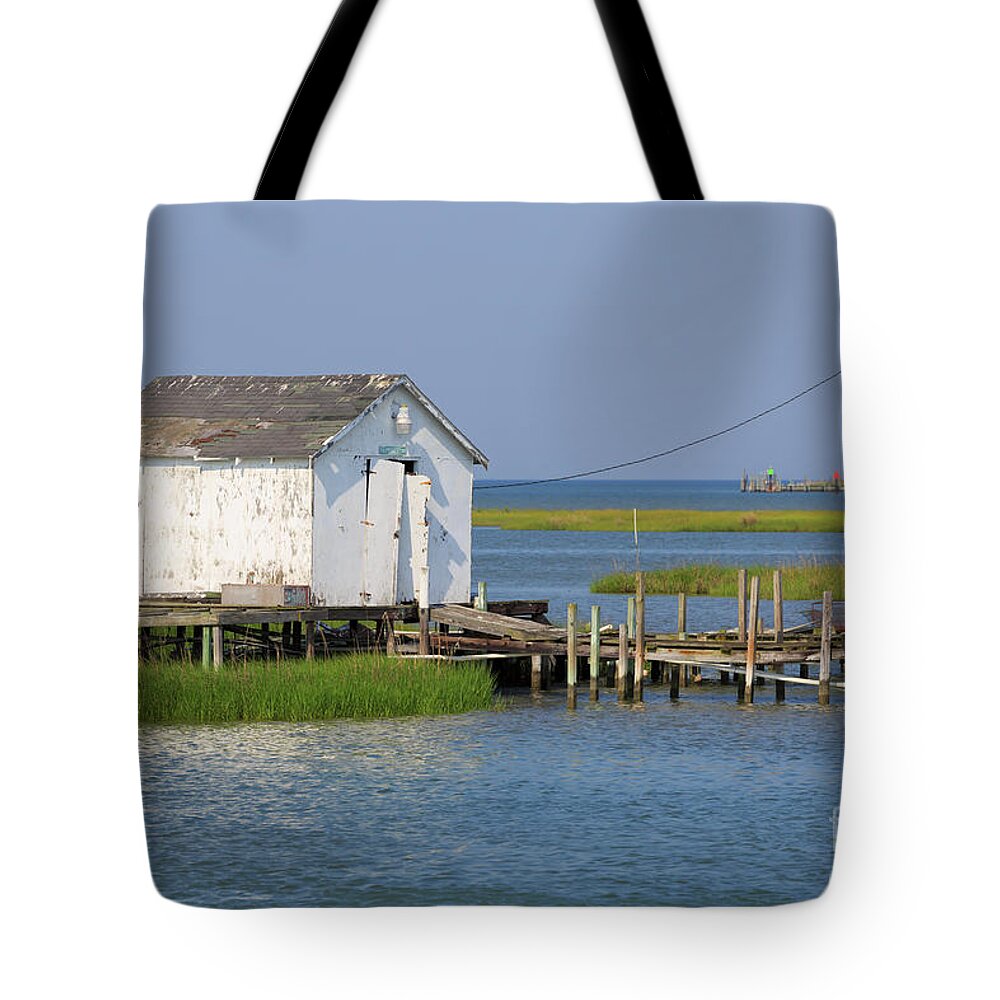 Fishing Huts Tote Bag featuring the photograph Fishing shanty on Tangier Island in Chesapeake Bay by Louise Heusinkveld