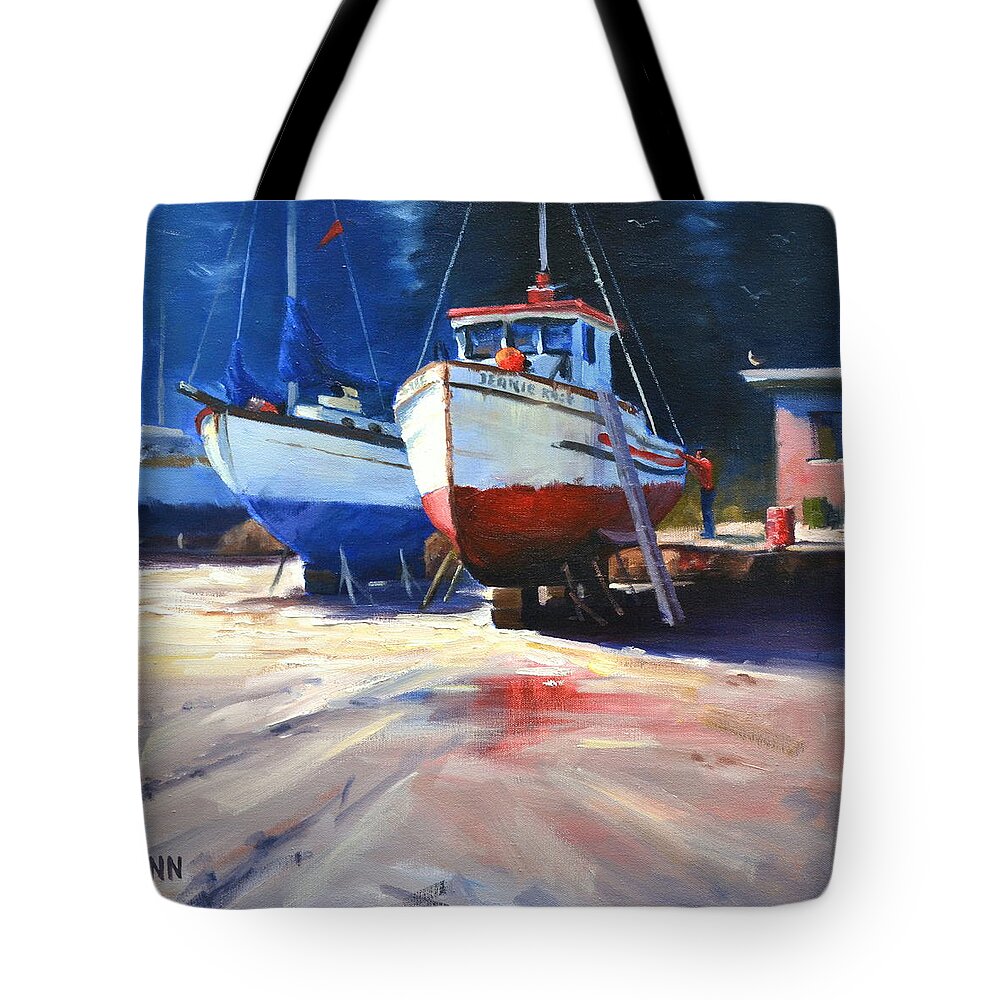 Ship Tote Bag featuring the painting Fishing Soon by Ningning Li