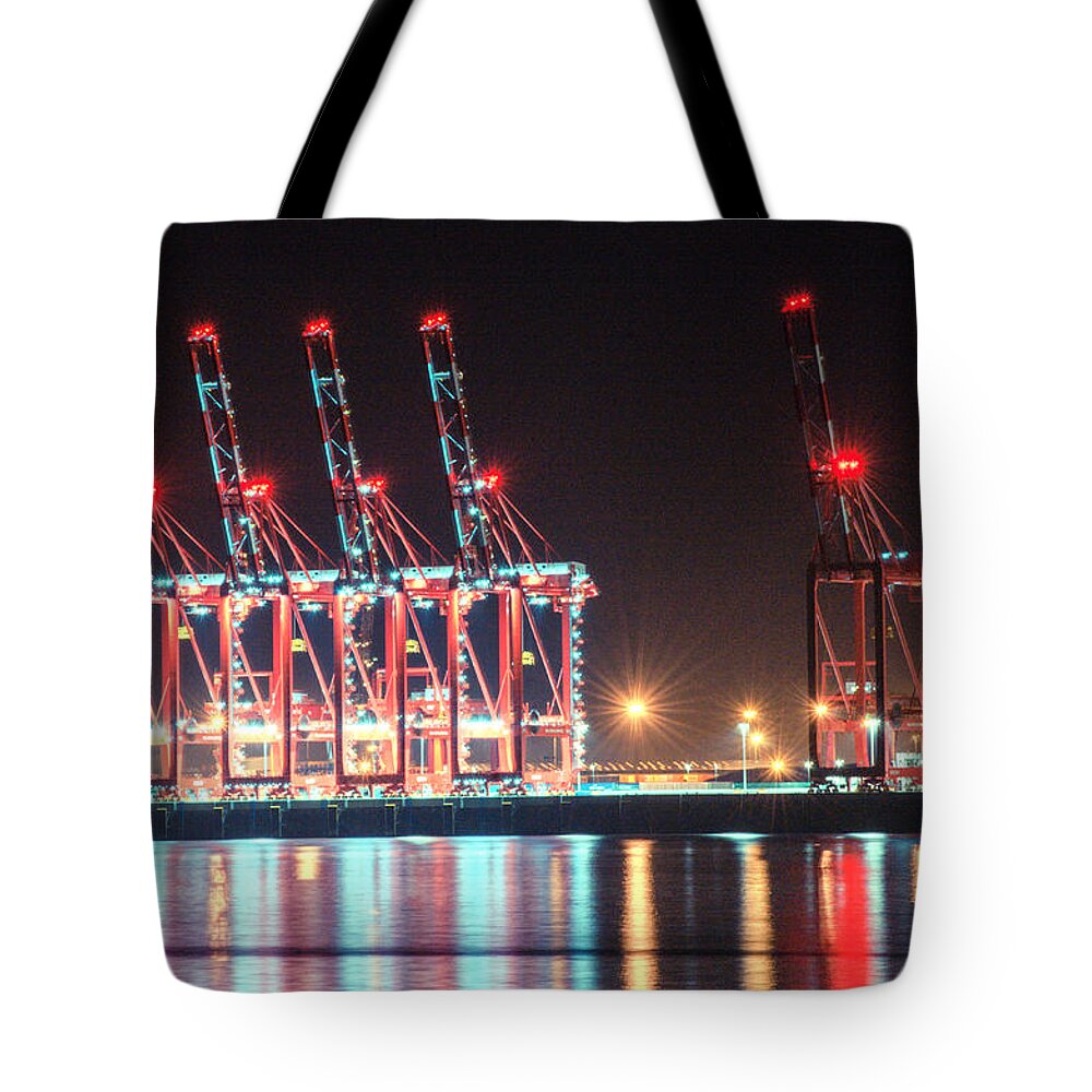 Beach Tote Bag featuring the photograph five cranes at Port of Liverpool by Spikey Mouse Photography