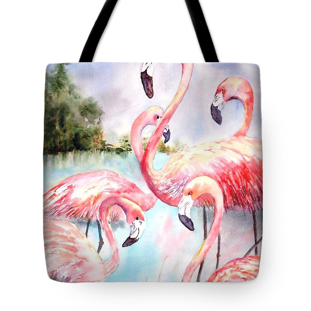 Birds Tote Bag featuring the painting Five Flamingos by Diane Kirk