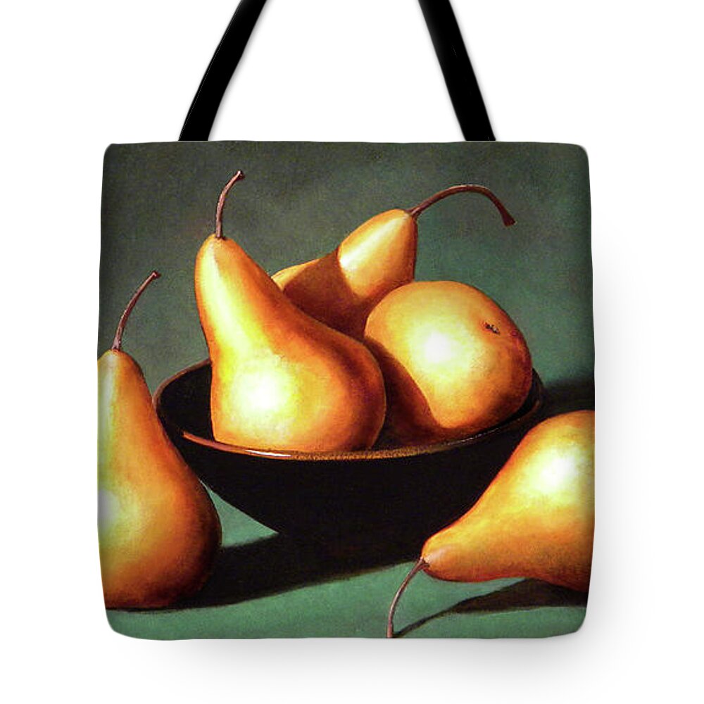 Frank Wilson Tote Bag featuring the painting Five Golden Pears With Bowl by Frank Wilson