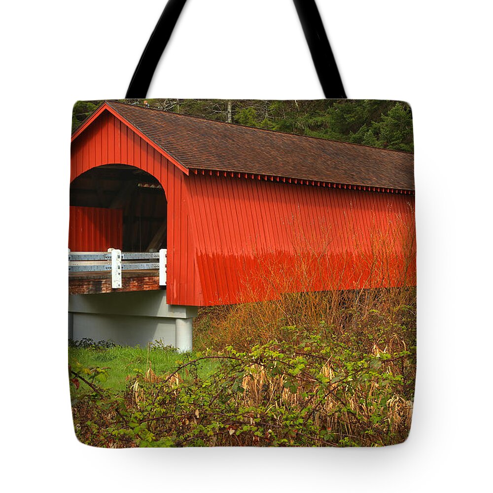 Fisher Covered Bridge Tote Bag featuring the photograph Five Rivers Covered Bridge by Adam Jewell