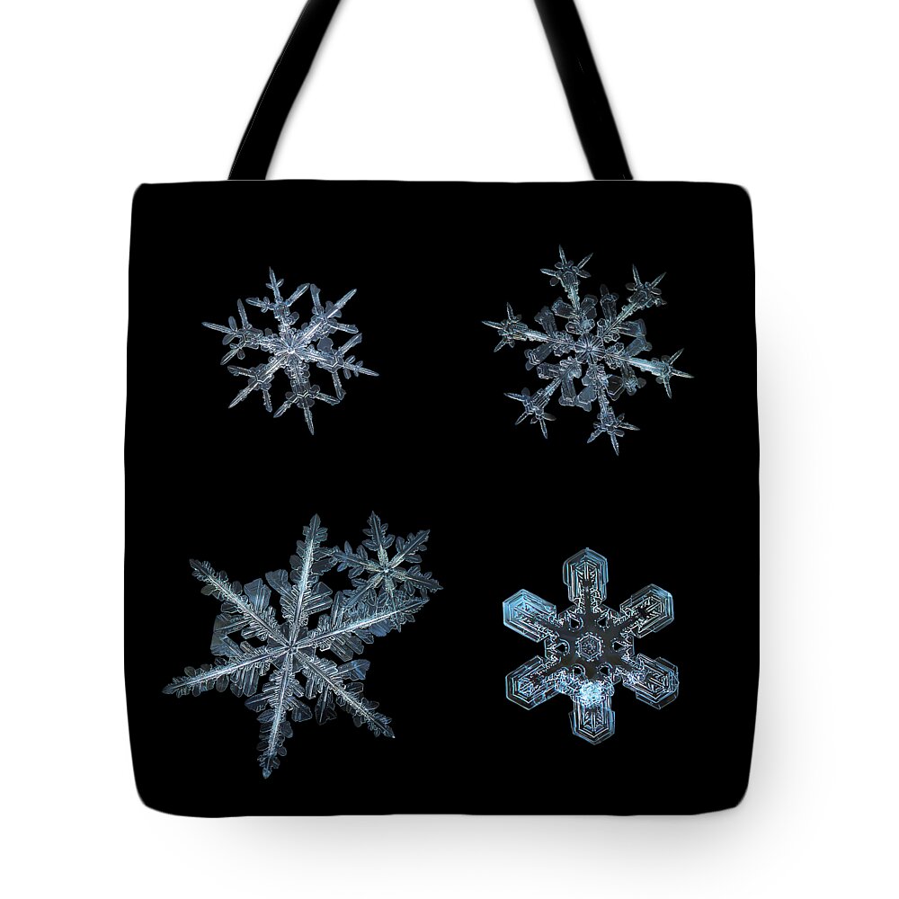 Snowflake Tote Bag featuring the photograph Five snowflakes on black 3 by Alexey Kljatov