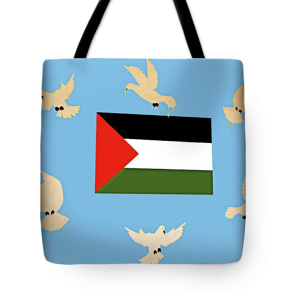 Palestinian Flag Tote Bag featuring the photograph Flag and Doves by Munir Alawi