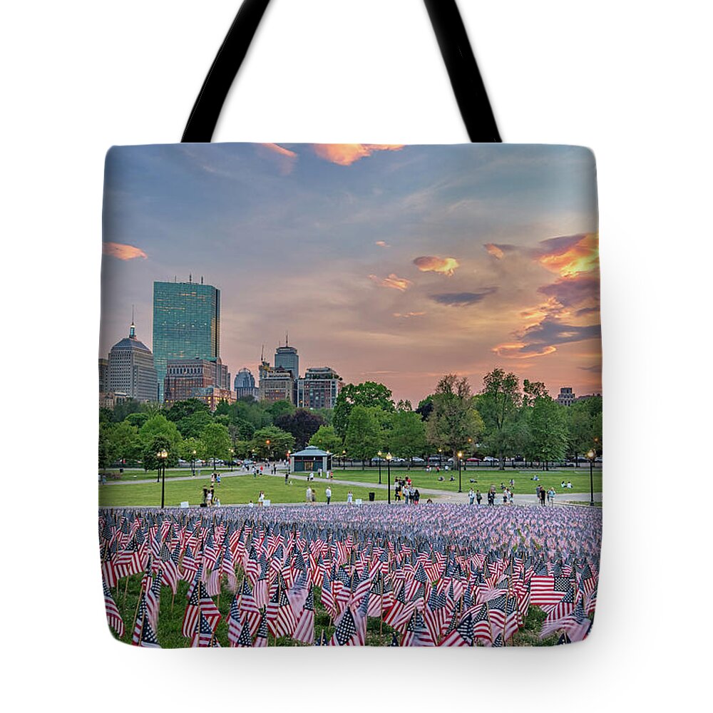 Boston Tote Bag featuring the photograph Flag Sunset on Boston Common by Kristen Wilkinson