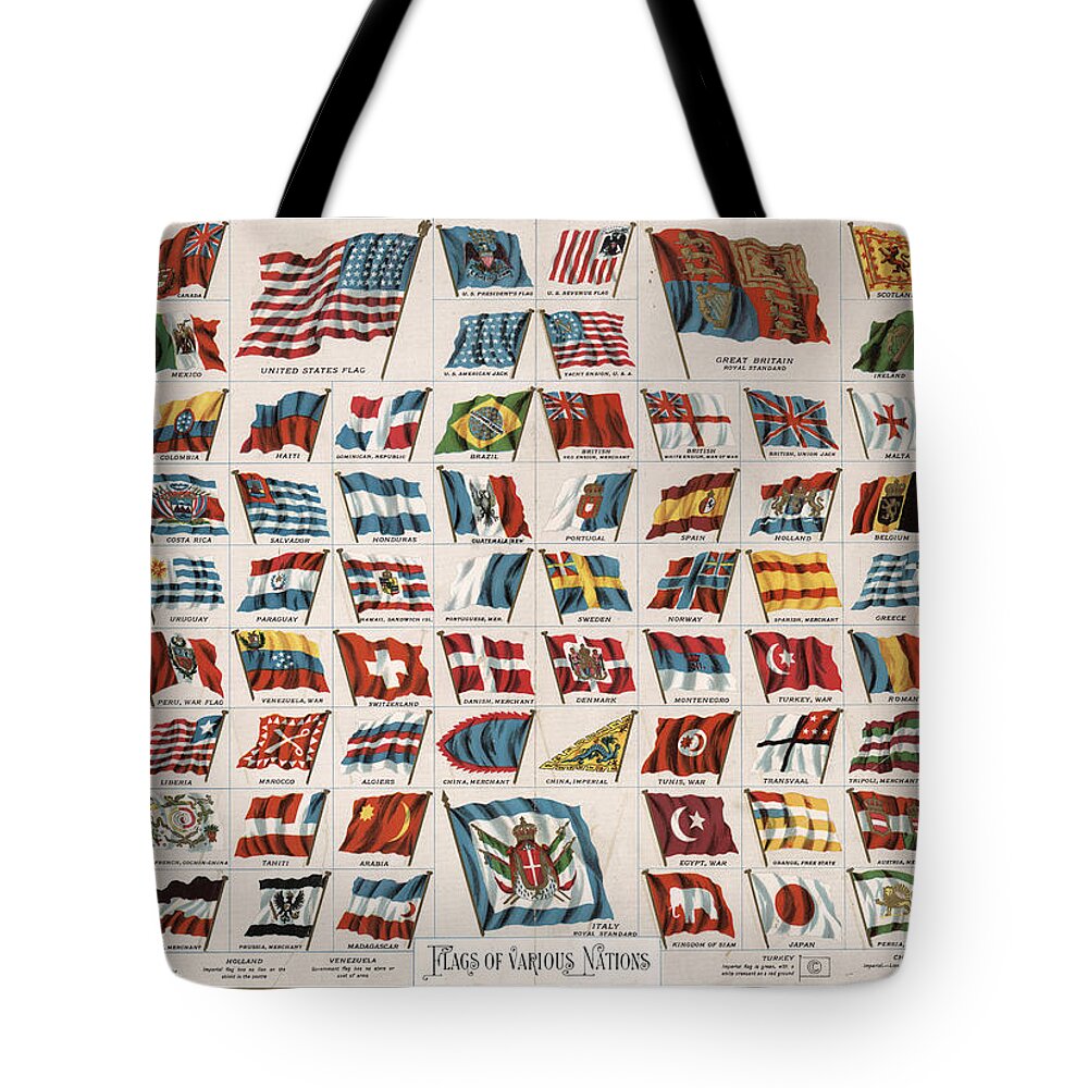 Flags Of Nations Tote Bag featuring the drawing Flags of Various Nations - Antique maps - Historical Maps by Studio Grafiikka