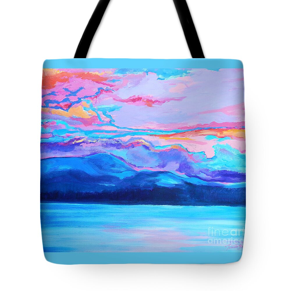 Dramatic Intense Brightly Colored Sunset Sky Tote Bag featuring the painting Flagstaff lake winter sunset by Priscilla Batzell Expressionist Art Studio Gallery
