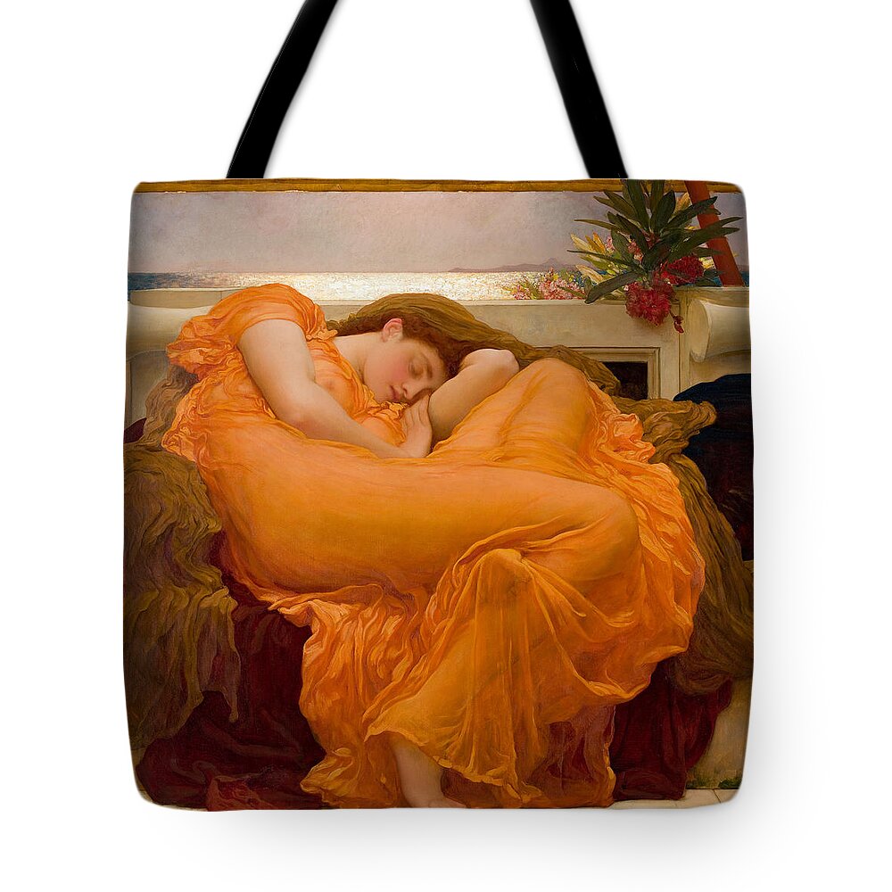 Flaming June Tote Bag featuring the painting Flaming by MotionAge Designs
