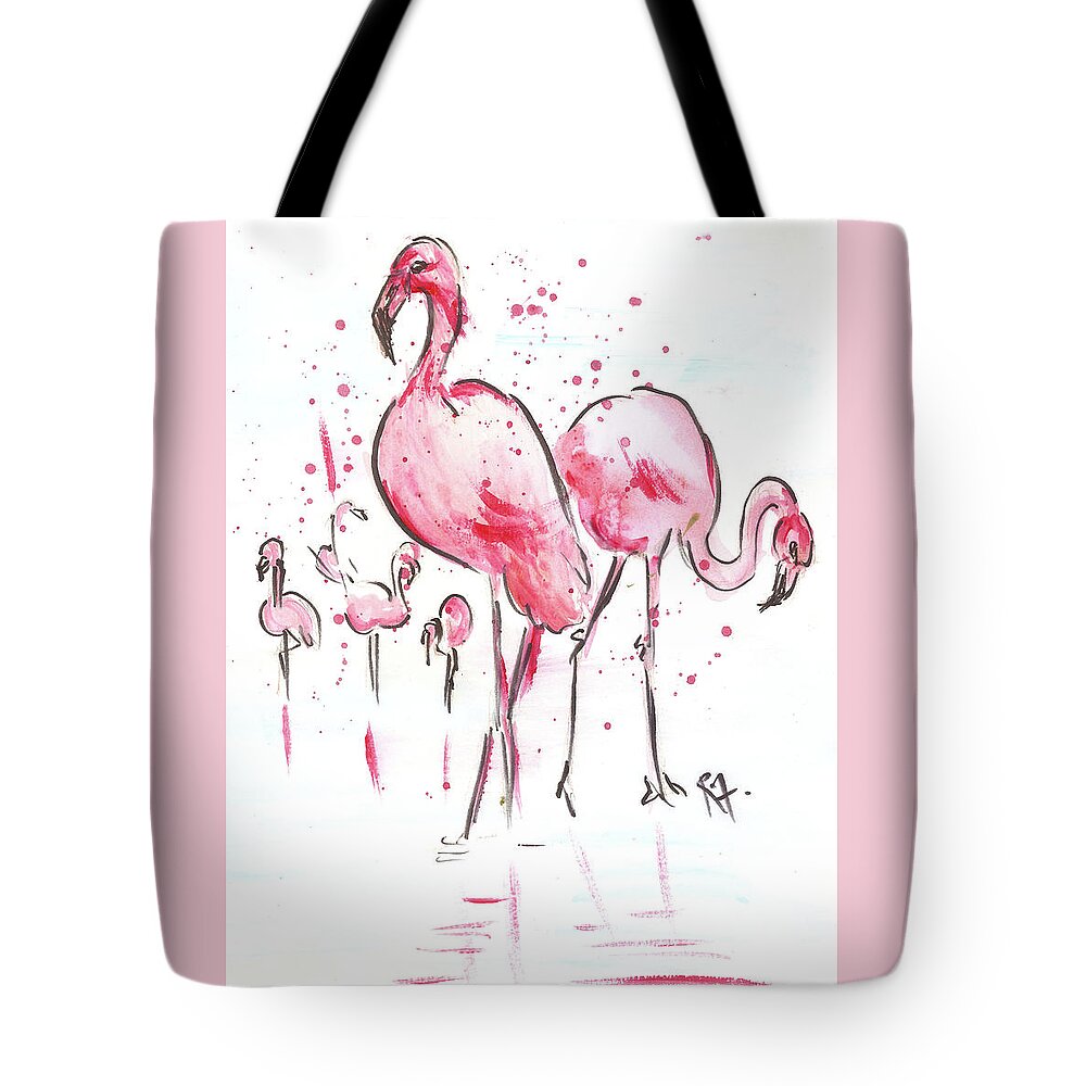  Tote Bag featuring the painting Flamingoes by Remy Francis