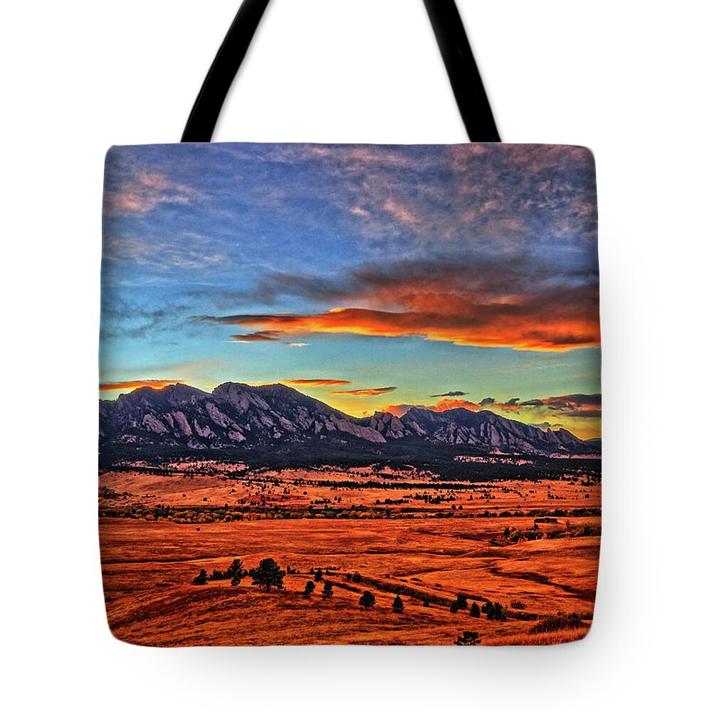 Colorado Tote Bag featuring the photograph Flatiron Sunset Fire Red by Scott Mahon