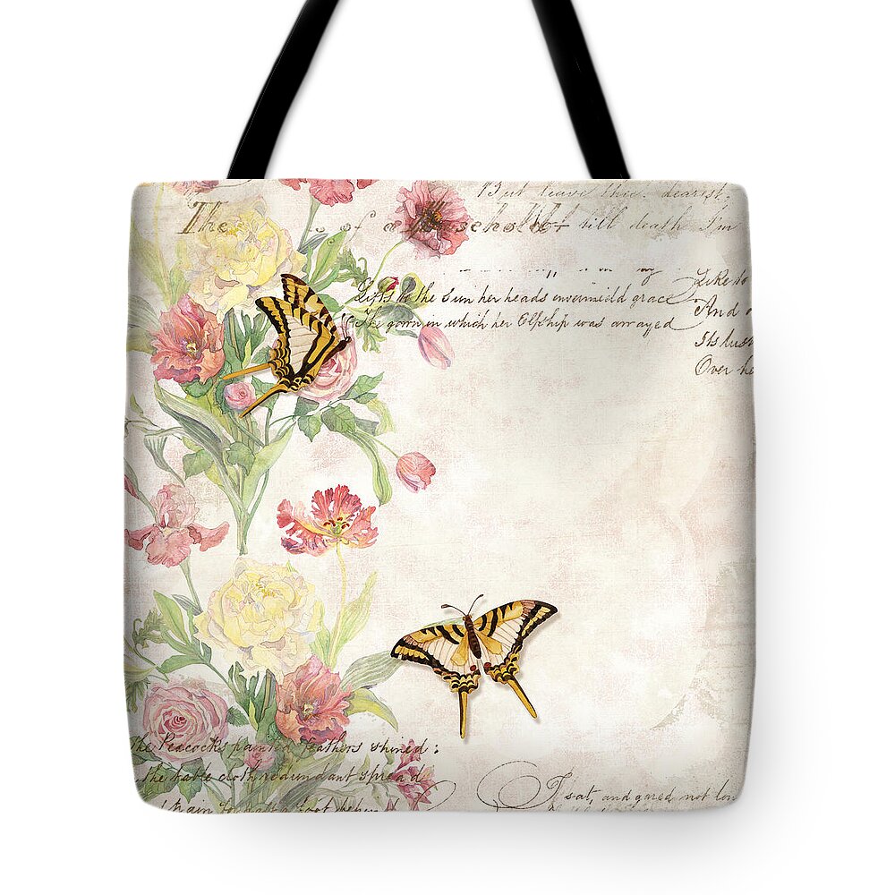 Butterfly Tote Bag featuring the painting Fleurs de Pivoine - Watercolor w Butterflies in a French Vintage Wallpaper Style by Audrey Jeanne Roberts