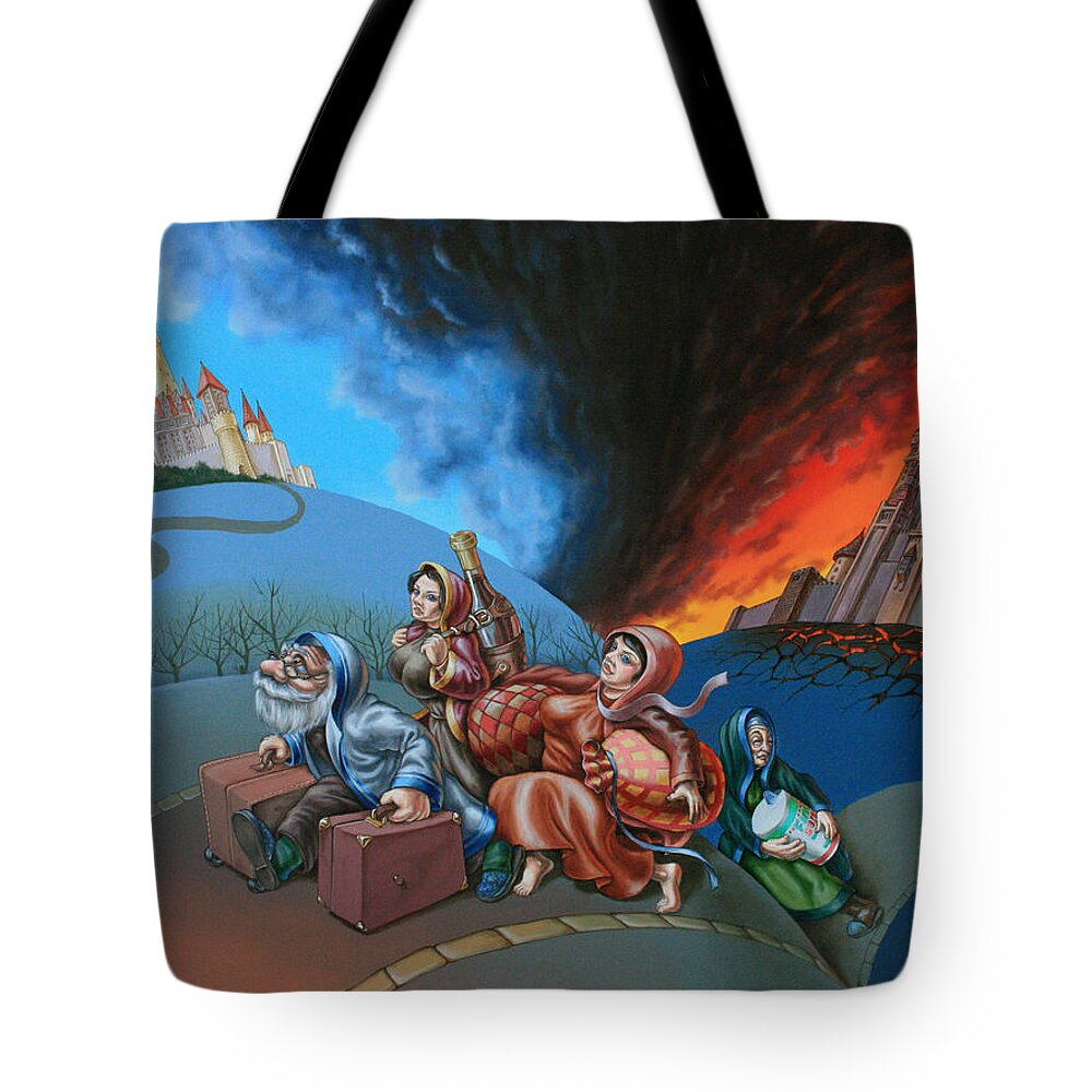 Flight Tote Bag featuring the painting Flight of Lot out from Sodom by Victor Molev