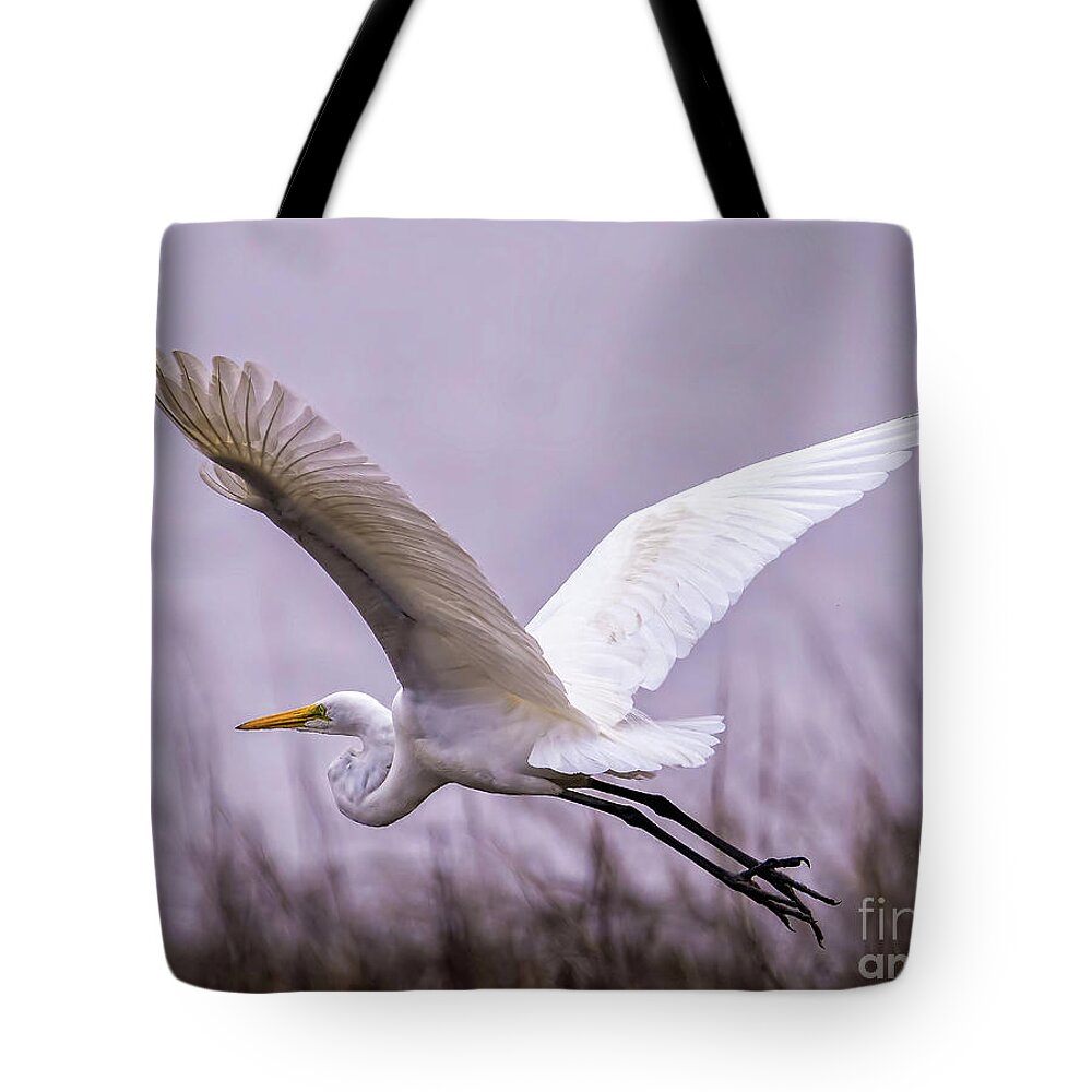 Egret Tote Bag featuring the photograph Flight Of The Great Egret by DB Hayes