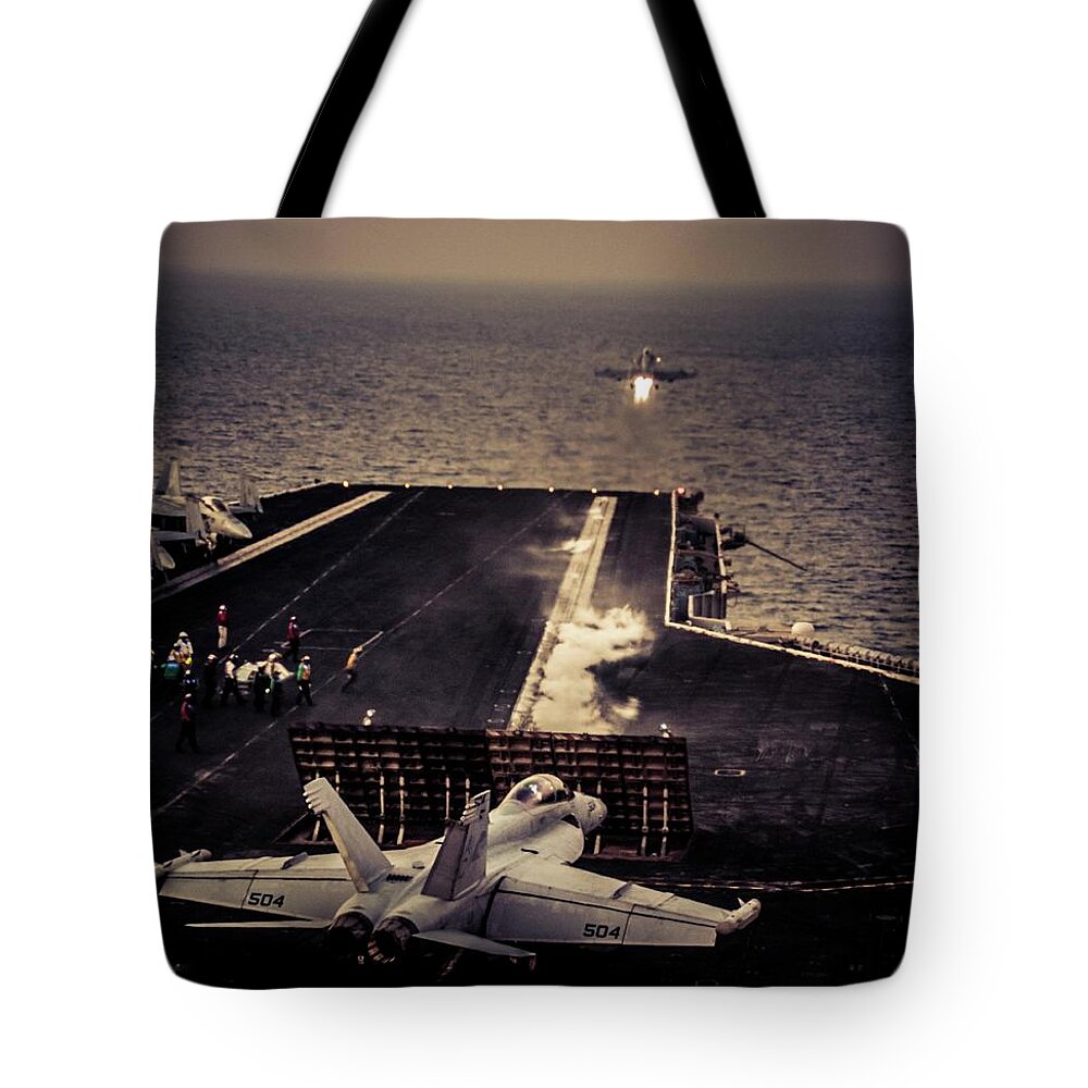Navy Tote Bag featuring the photograph Flight Ops by Larkin's Balcony Photography