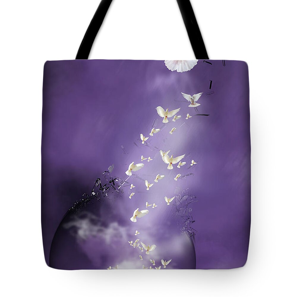 Doves Tote Bag featuring the mixed media Flight to Freedom by Jim Hatch