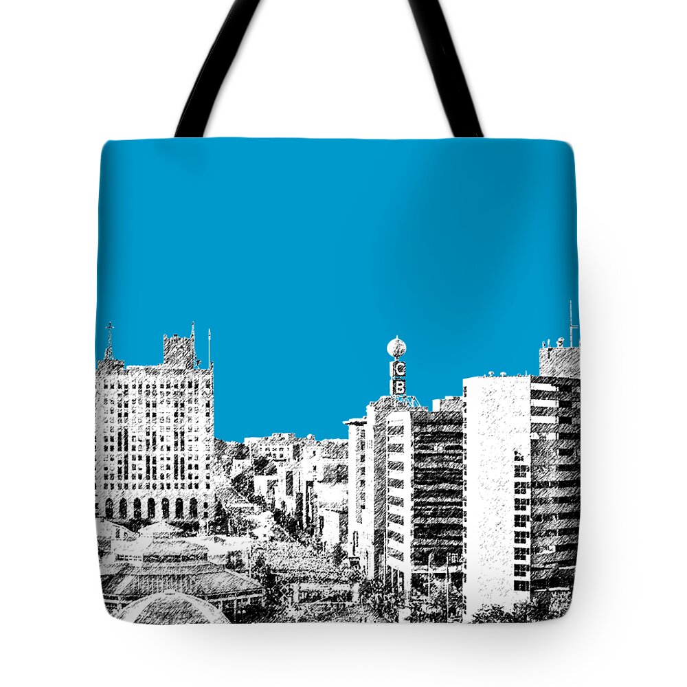 Architecture Tote Bag featuring the digital art Flint Michigan Skyline - Aqua by DB Artist