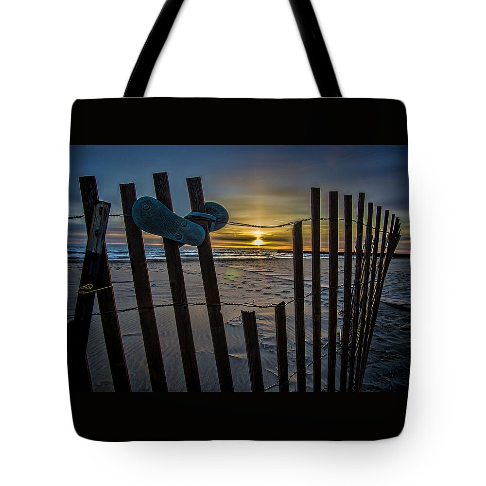 Filp Flops Tote Bag featuring the photograph Flip Flops On A Beach At Sun Rise by Sven Brogren