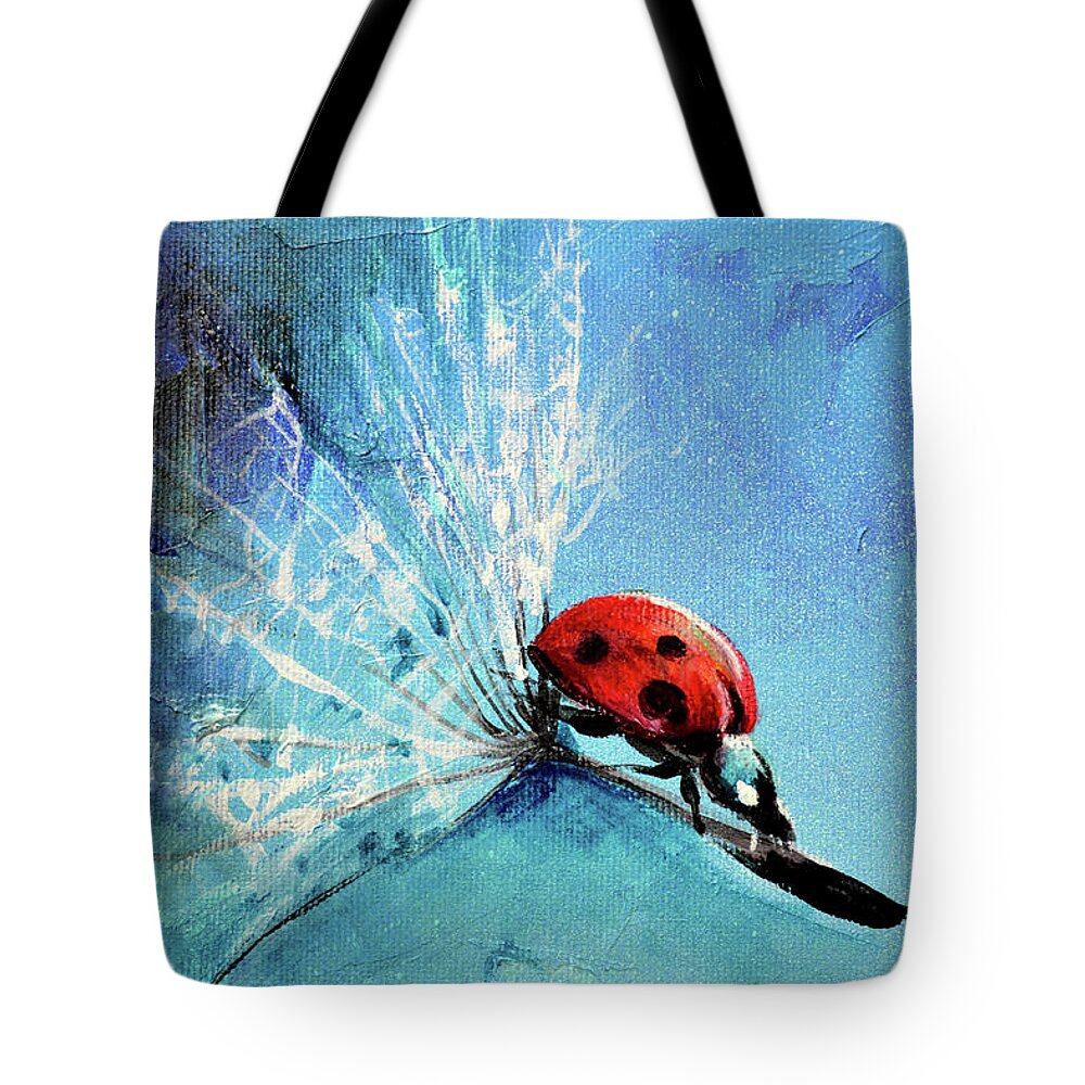 Ladybug Tote Bag featuring the painting FLIRT - Ladybug on Dandelion Seed Painting by Soos Roxana Gabriela Art Print by Soos Roxana Gabriela