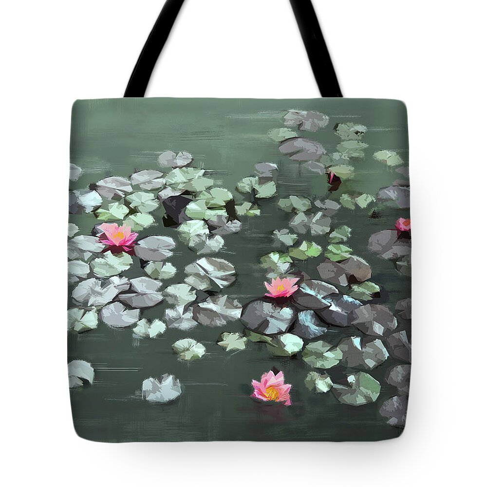 Water Lilies Tote Bag featuring the digital art Floating by Gina Harrison