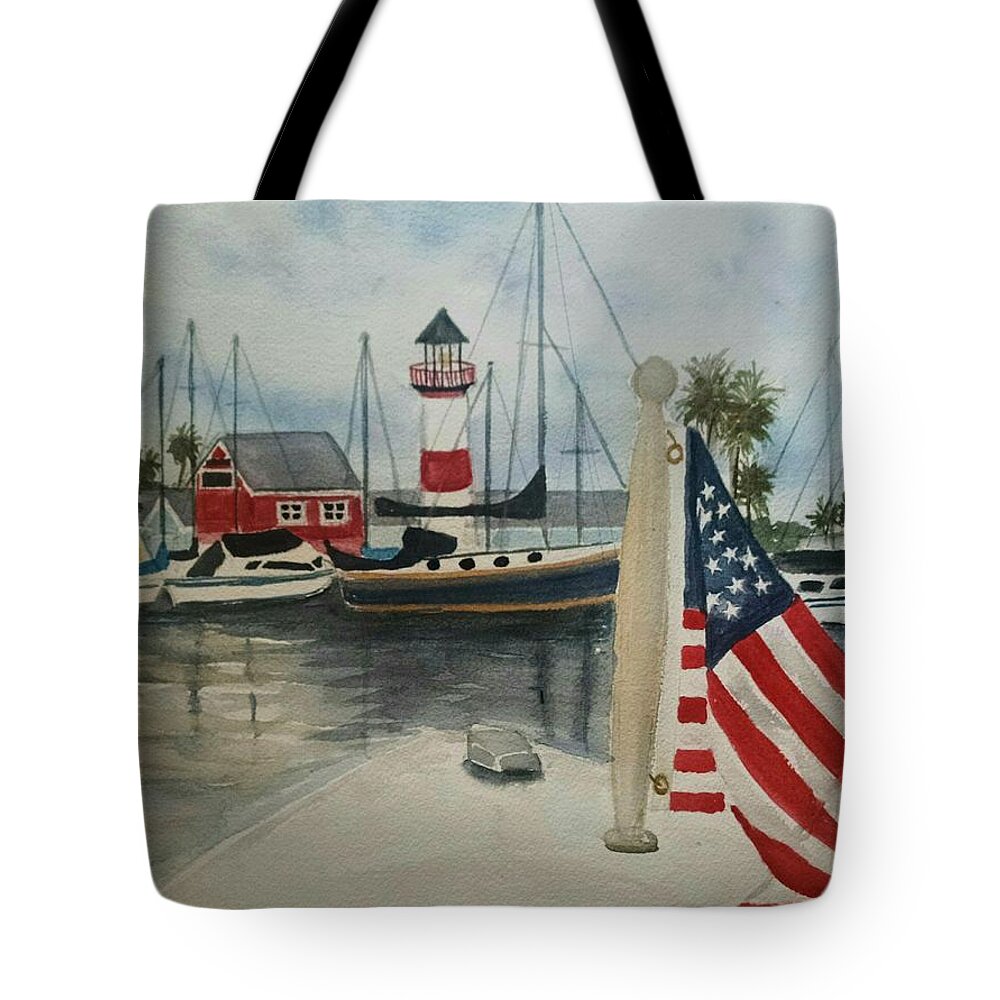 Holiday Tote Bag featuring the painting Floating Holiday Oceanside Harbor by M Carlen