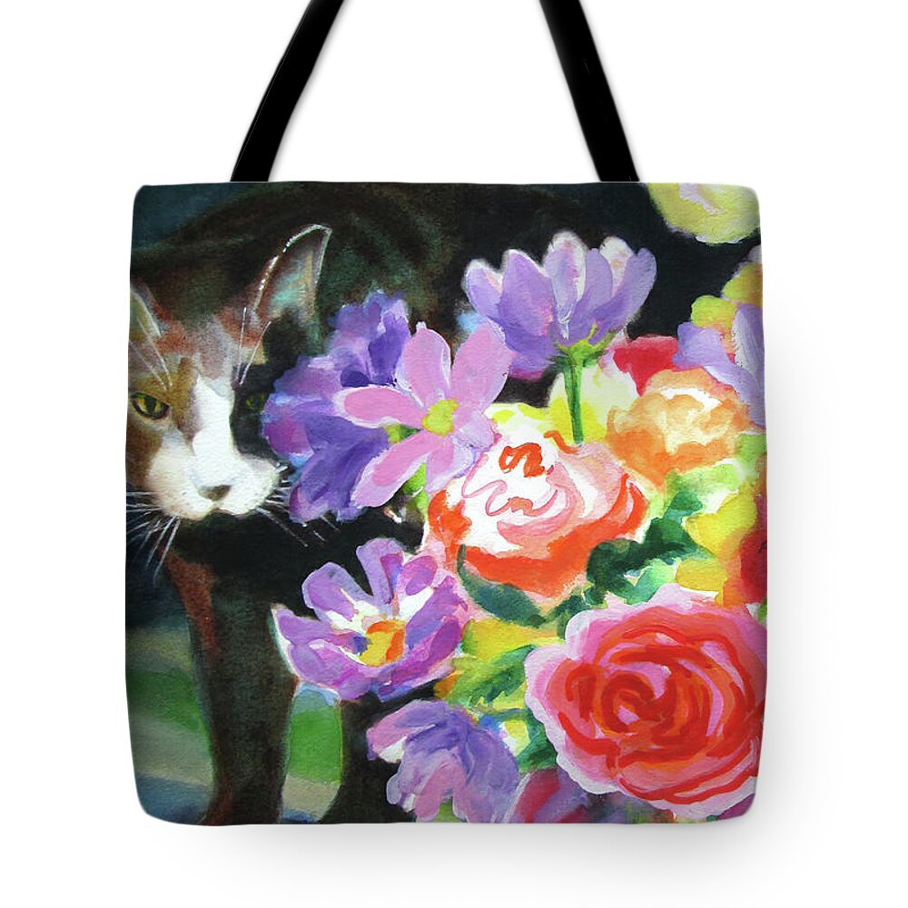 Paintings Tote Bag featuring the painting Floral Arrangement and Curious Cat by Kathy Braud