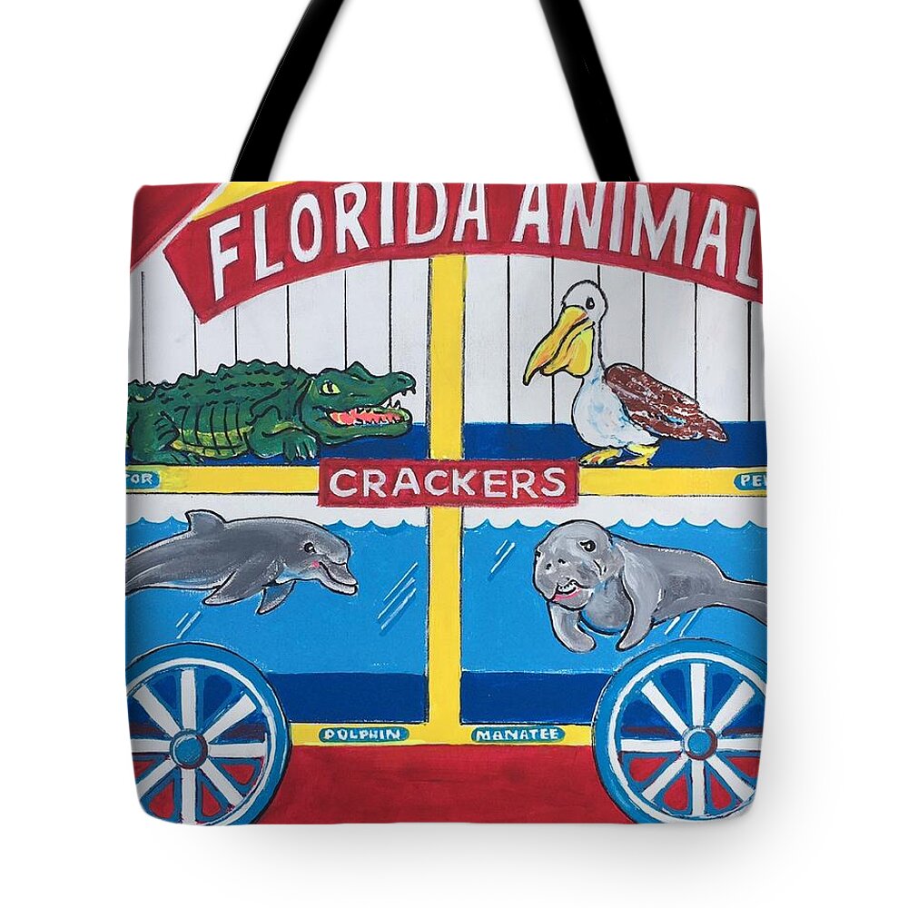 Florida Animal Crackers Alligator Pelican Dolphin Manatee Nabisco Bisnaco Barnum Animalcrackers Circus Cookie Childhood Tote Bag featuring the painting Florida Animal Crackers by Jonathan Morrill