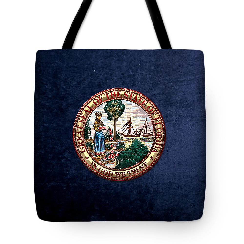 'state Heraldry' Collection By Serge Averbukh Tote Bag featuring the digital art Florida State Seal over Blue Velvet by Serge Averbukh