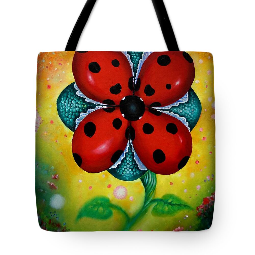 Lady Bugs Tote Bag featuring the painting Flower 4 Lady Bugs by Arthur Covington