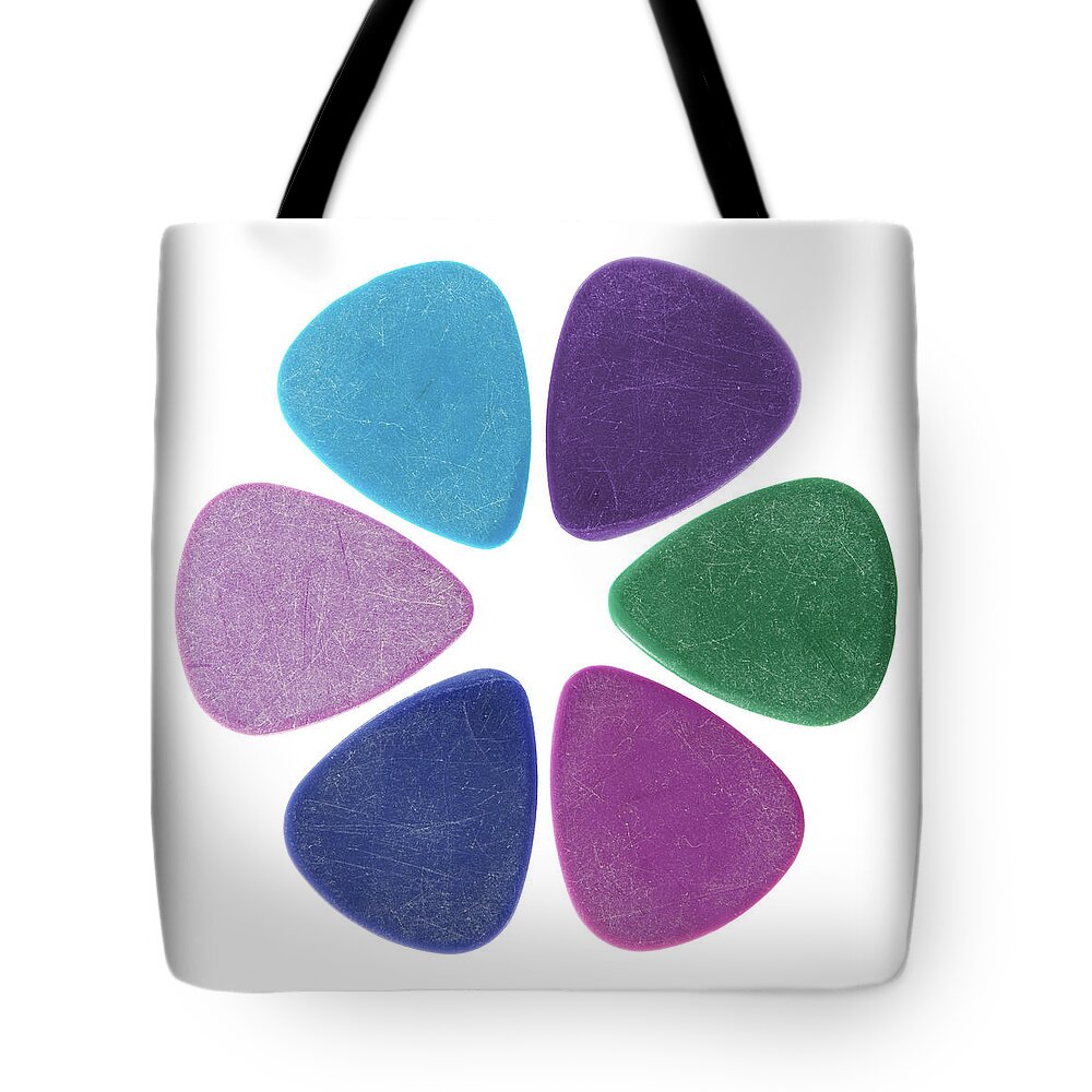 Pick Tote Bag featuring the photograph Flower made of guitar picks by GoodMood Art