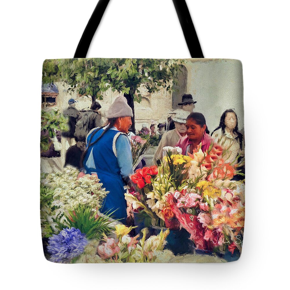 Julia Springer Tote Bag featuring the photograph Flower Market - Cuenca - Ecuador by Julia Springer