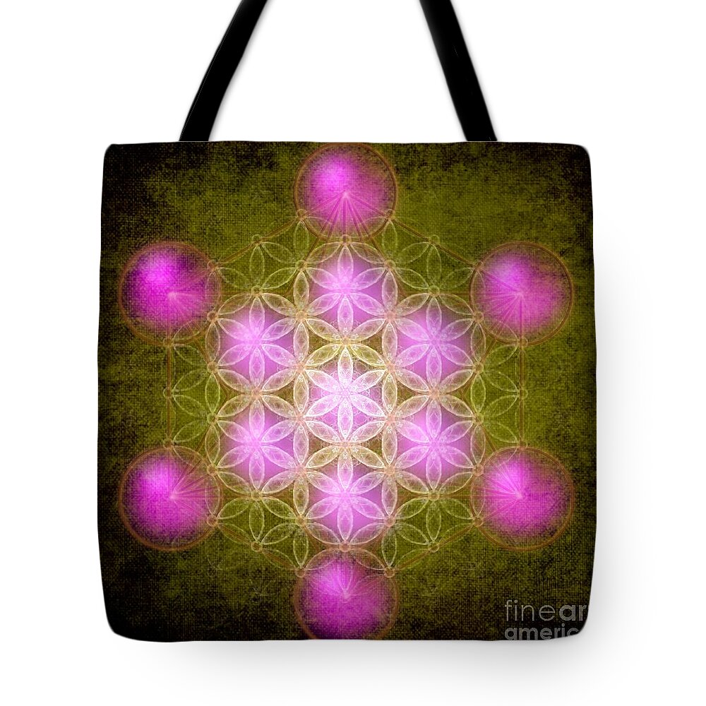 Sacred Geometry Tote Bag featuring the digital art Flower of Life in green by Alexa Szlavics