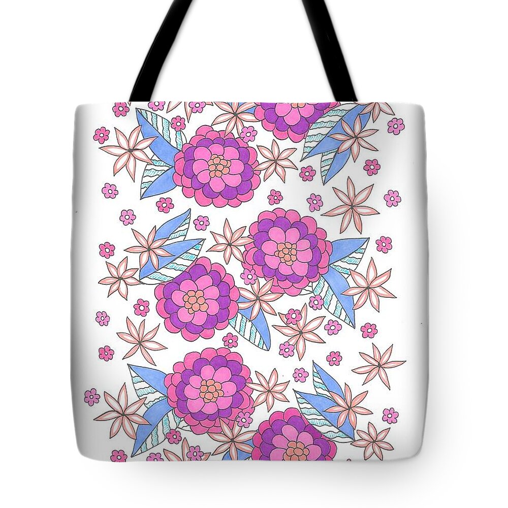 Pink Tote Bag featuring the drawing Flower Power 9 by Roberta Dunn