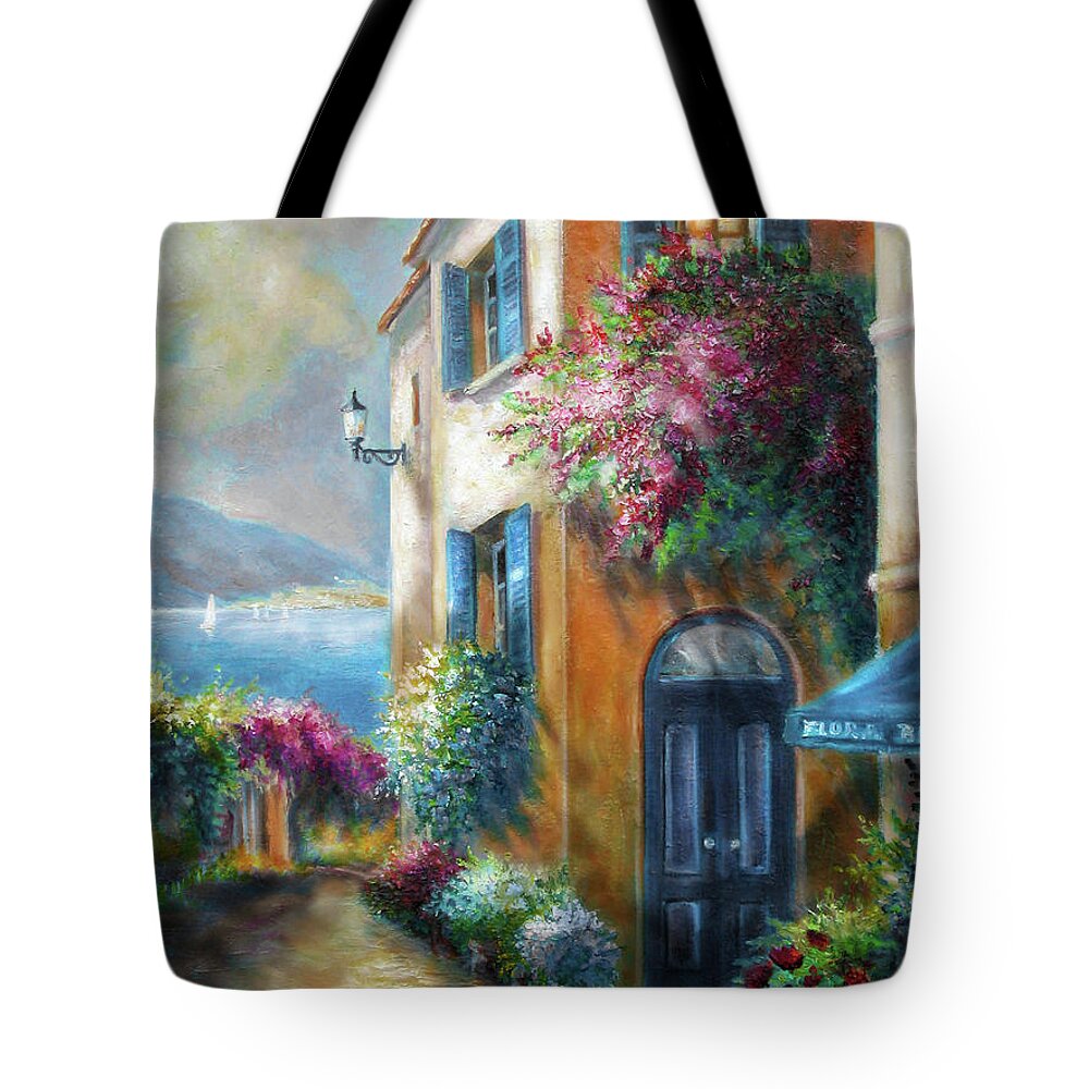 Painting Of Italy Tote Bag featuring the painting Flower shop by the Sea by Regina Femrite