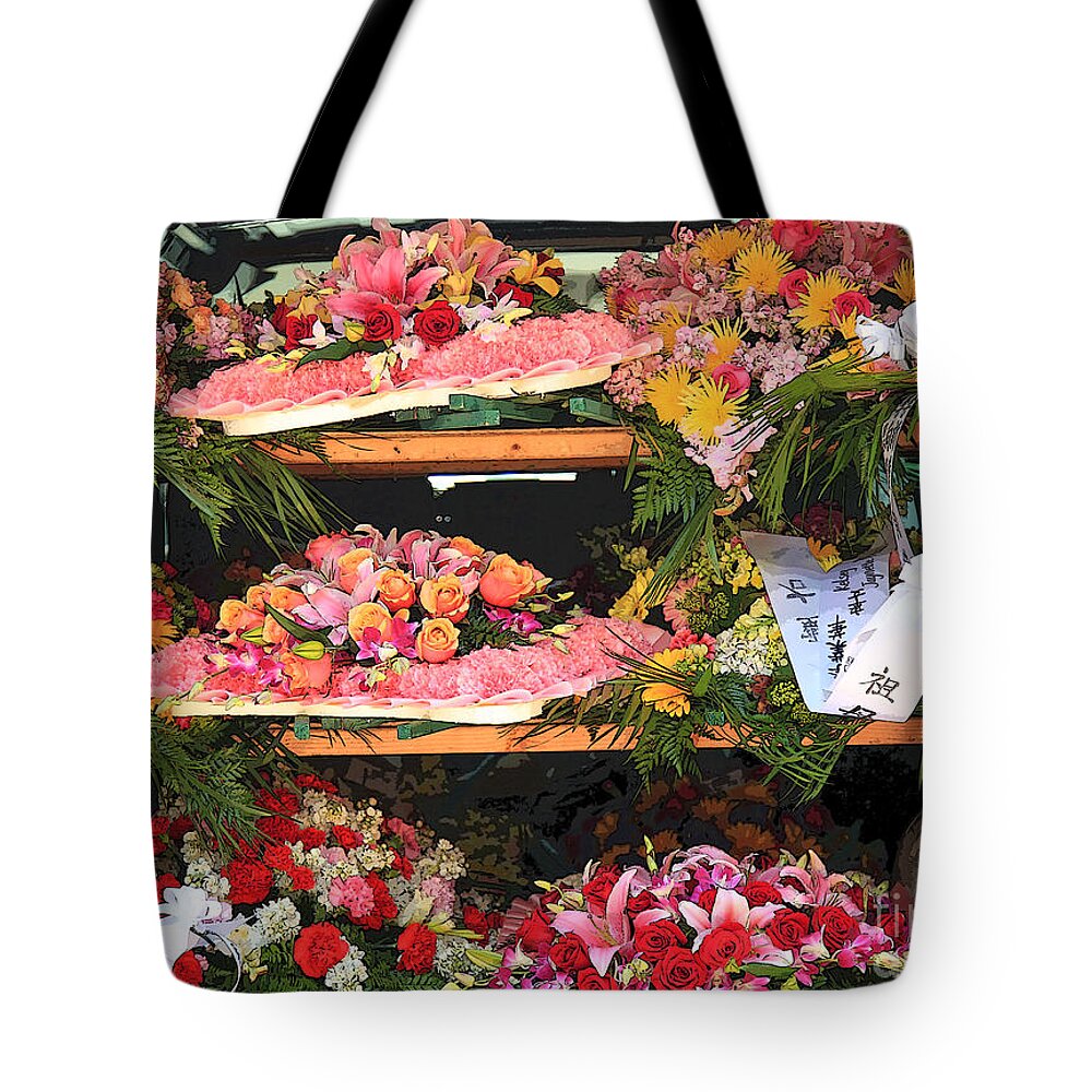 Red Tote Bag featuring the photograph Flower Stall Ready by Jeanette French