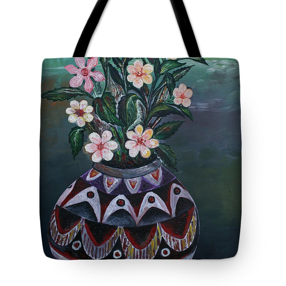Flower Vase 1 Tote Bag featuring the painting Flower Vase 1 by Obi-Tabot Tabe