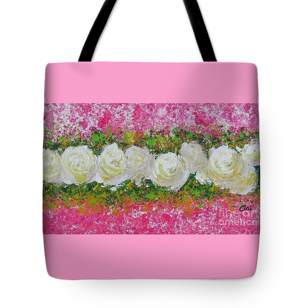 Flowerline Tote Bag featuring the painting Flowerline in Pink and White by Corinne Carroll