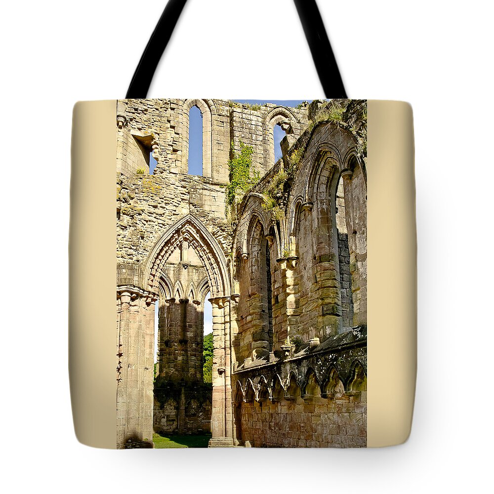 Walls Tote Bag featuring the photograph Flowers, arched windows and sky. by Elena Perelman