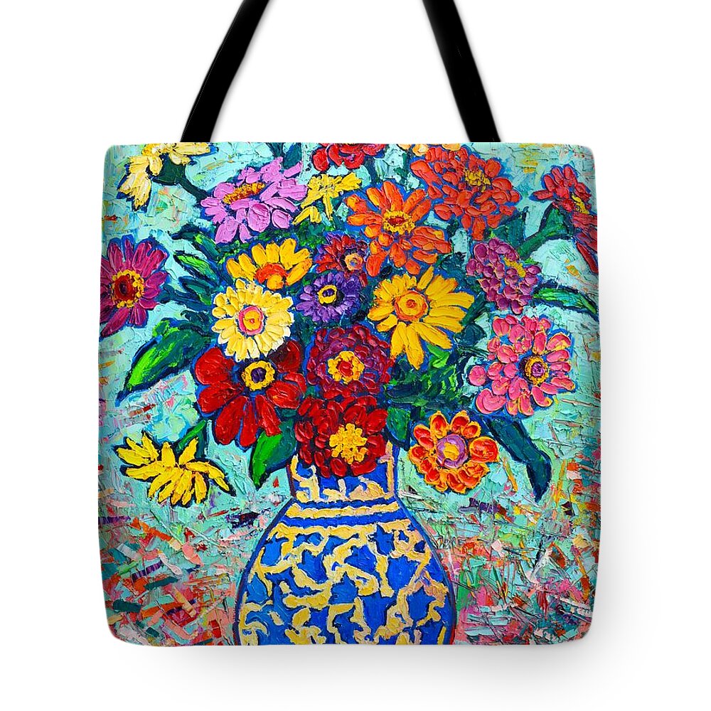Flowers Tote Bag featuring the painting Flowers - Colorful Zinnias Bouquet by Ana Maria Edulescu