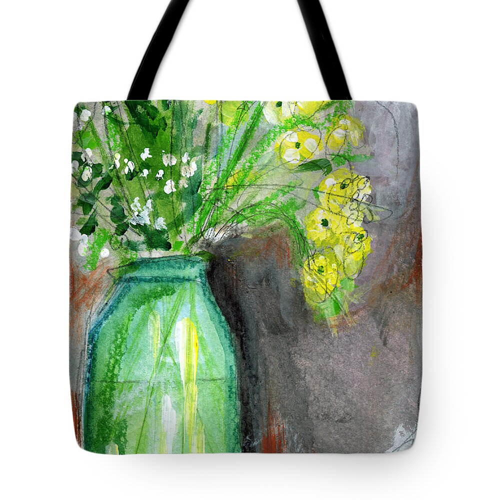 Flowers Tote Bag featuring the painting Flowers In A Green Jar- Art by Linda Woods by Linda Woods