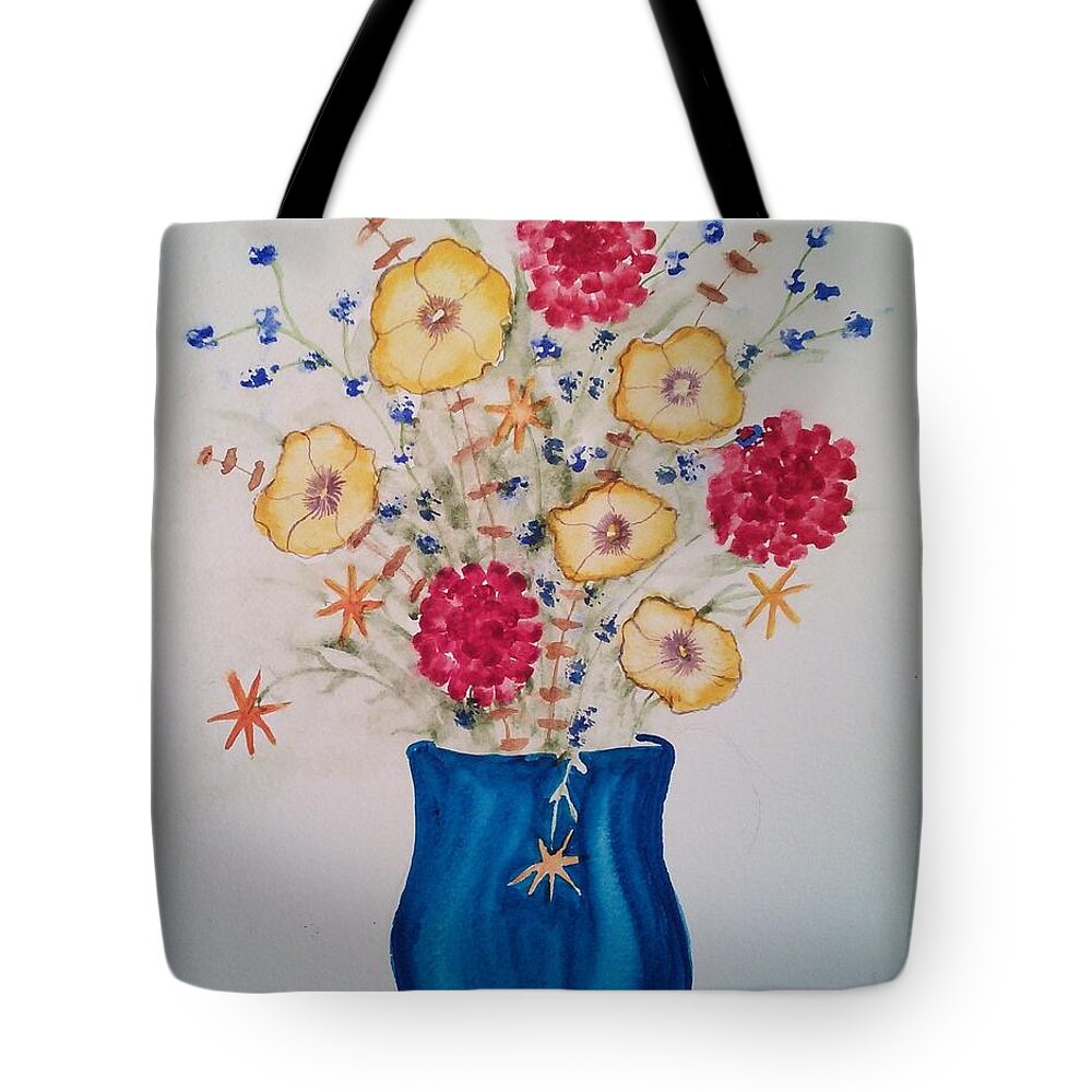 Floral Tote Bag featuring the painting Flowers in blue vase 2 by Susan Nielsen