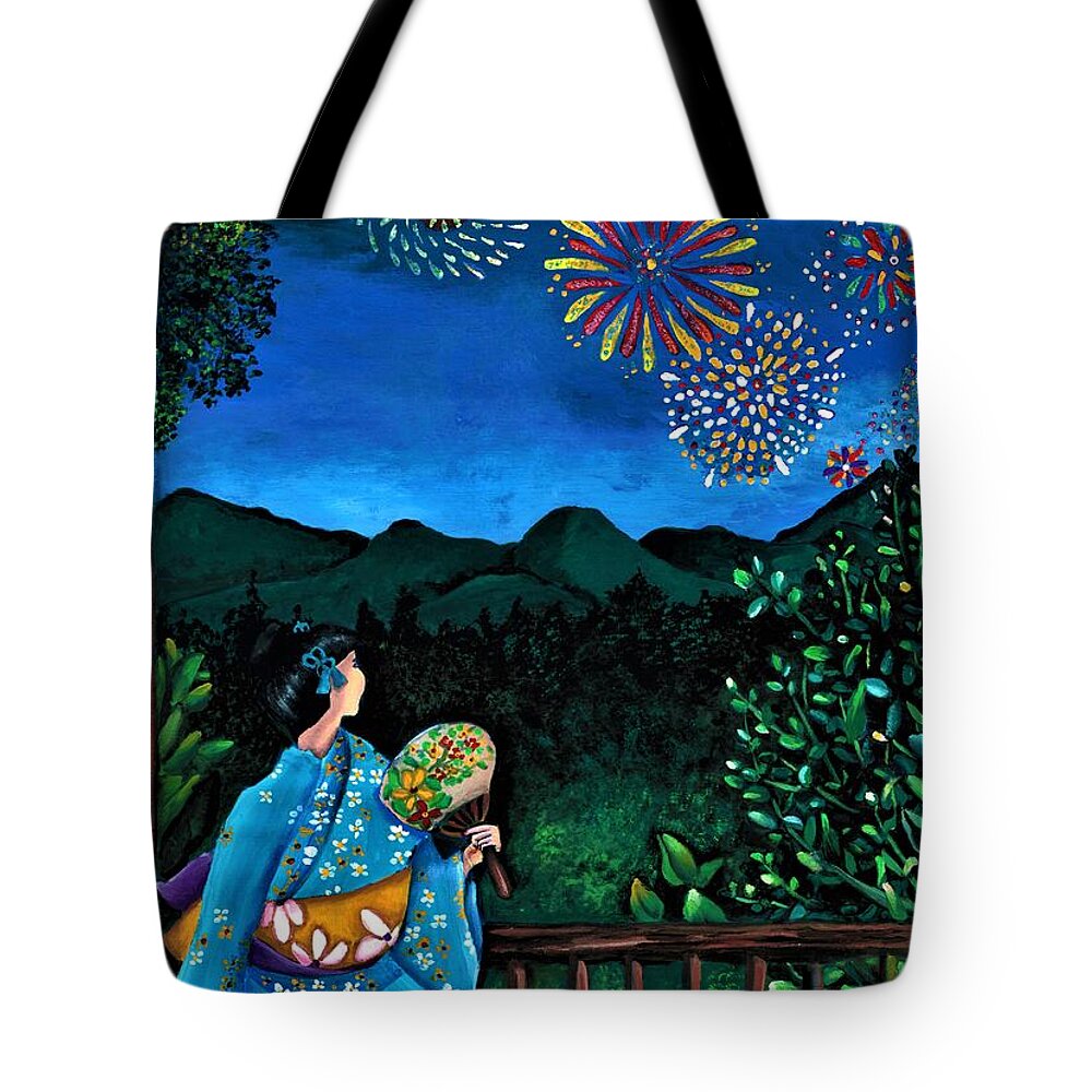Fireworks Tote Bag featuring the painting Flowers in the sky - the summer night hanabi delight by Tara Krishna