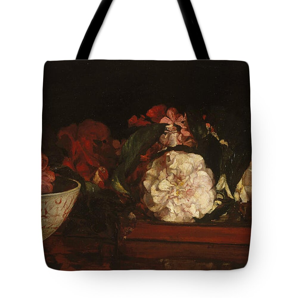 19th Century Art Tote Bag featuring the painting Flowers on a Japanese Tray on a Mahogany Table by John La Farge