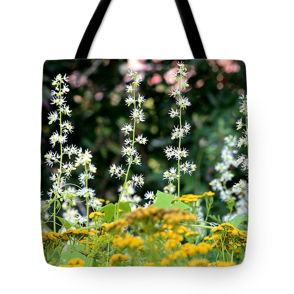 Flowers Tote Bag featuring the photograph Flowers Sparkling Above the Tansies by John Meader