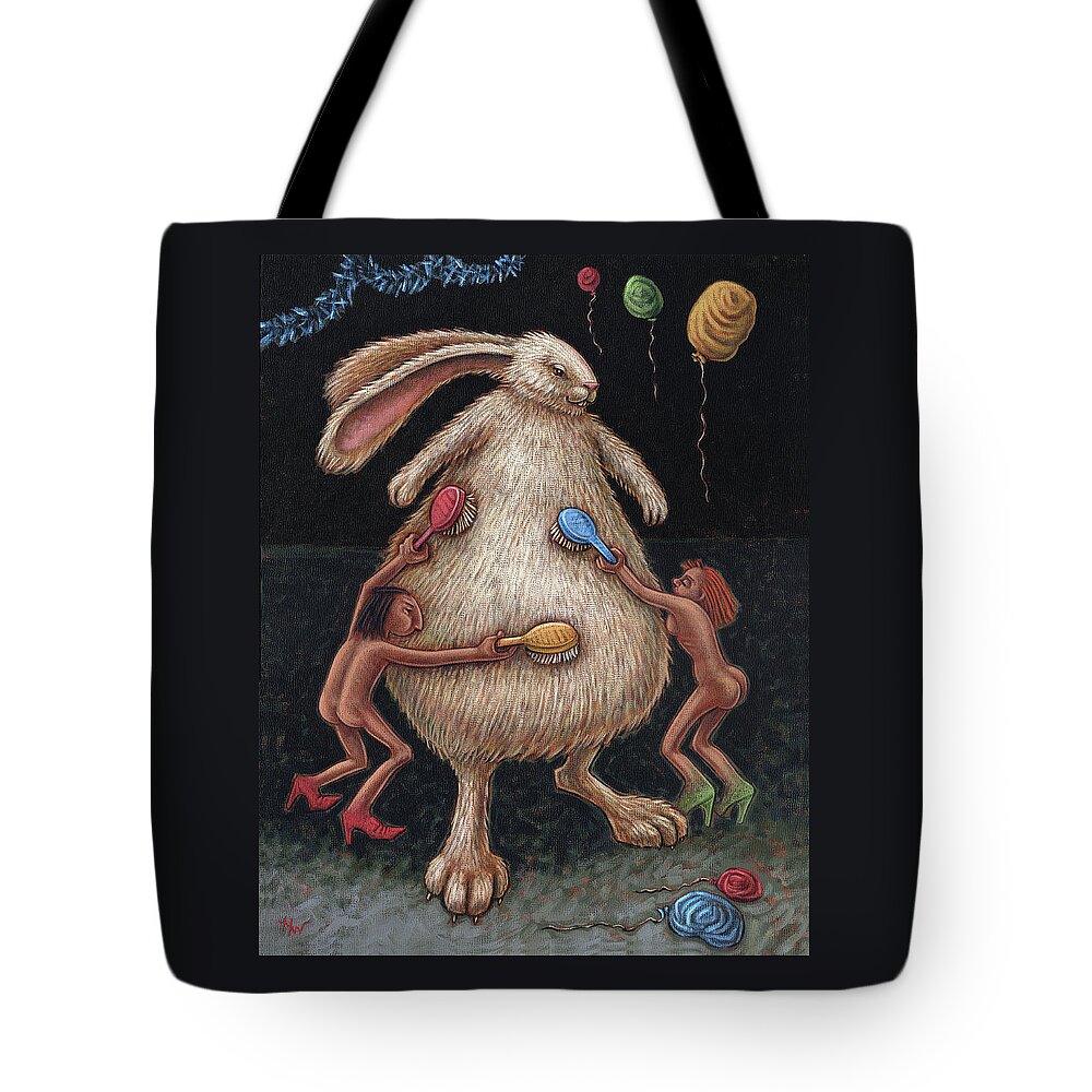 Bunny Tote Bag featuring the painting Fluffing the Bunny aka Grooming the Bride by Holly Wood