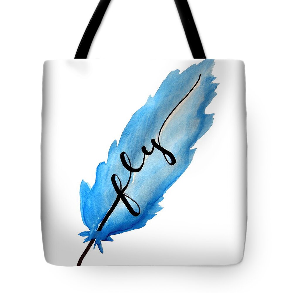 Fly Tote Bag featuring the painting Fly Blue Feather Vertical by Michelle Eshleman