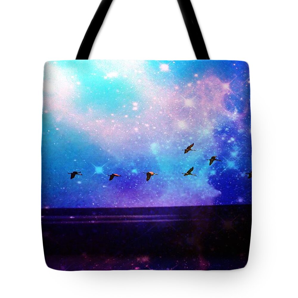 Abstract Tote Bag featuring the mixed media Flying the Galaxy by Stacie Siemsen